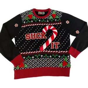 Spencer’s Workshop SUCK IT 3-D Candy Cane Ugly Christmas Holiday Sweater Sz L‎
